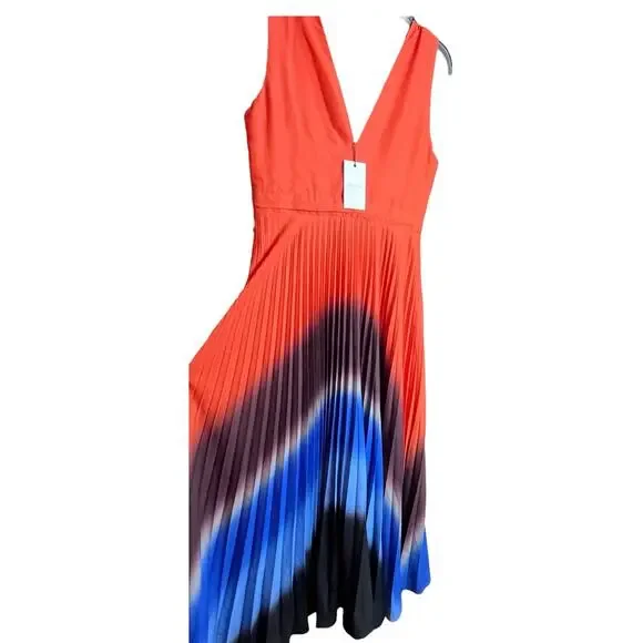 Adelyn Rae Sharkbite Pleated Cocktail Dress | Womens L, Orange, Ombre Blue NEW - Picture 9 of 11
